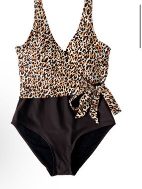 Serra Leopard Wrap One-Piece Swimsuit Womens 16/18 Black Tan Animal Print NWT